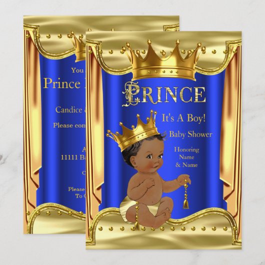 Royal Blue Prince Baby Shower Gold Ethnic Einladung (Vorne/Hinten)