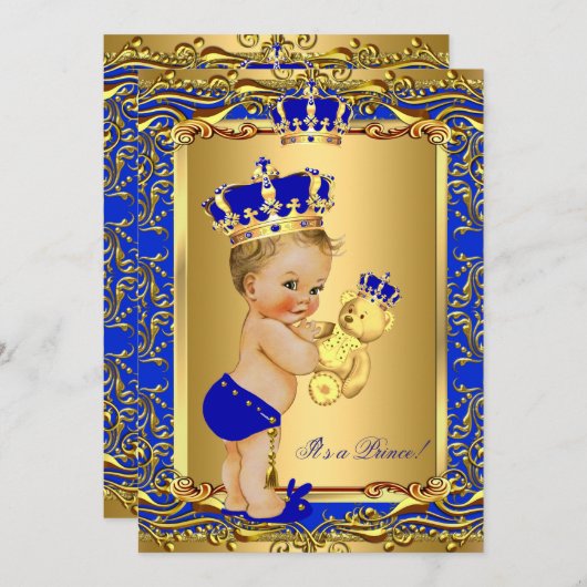 Royal Blue Prince Crown Baby Duschbär Blonde Einladung (Vorne/Hinten)