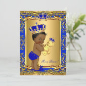 Royal Blue Prince Crown Baby Dusche Bear Ethnic Einladung (Stehend Vorderseite)