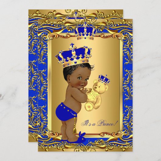 Royal Blue Prince Crown Baby Dusche Bear Ethnic Einladung (Vorne/Hinten)