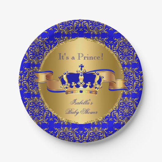Royal Blue Prince Crown Baby Shower Boy Pappteller (Vorderseite)