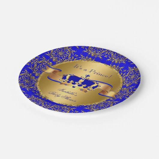 Royal Blue Prince Crown Baby Shower Boy Pappteller (Schrägansicht)