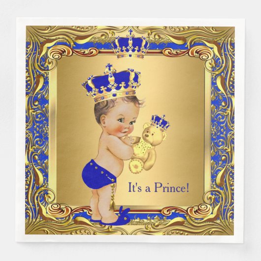 Royal Blue Prince Gold Crown Baby Dusche Brünett Serviette (Vorderseite)