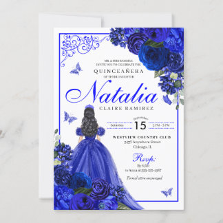 Royal Blue Princess & Butterflies Quinceañera Einladung