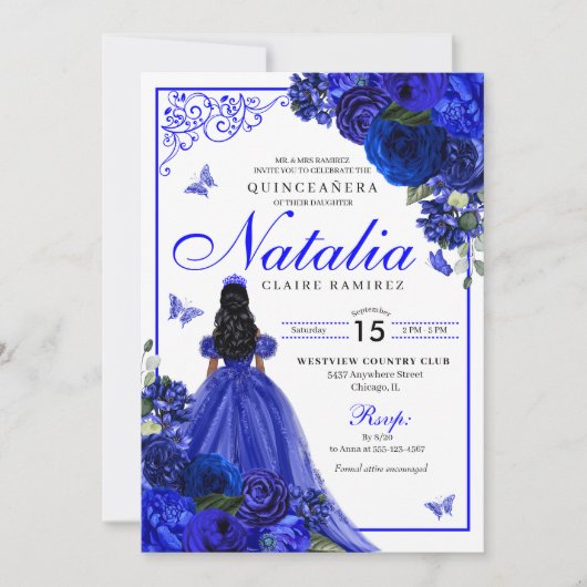 Royal Blue Princess & Butterflies Quinceañera Einladung (Vorderseite)