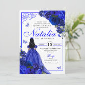 Royal Blue Princess & Butterflies Quinceañera Einladung (Stehend Vorderseite)