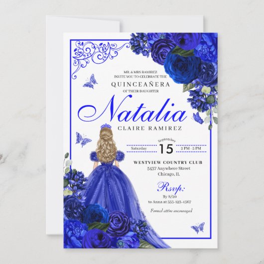 Royal Blue Princess & Butterflies Quinceañera Einladung (Vorderseite)