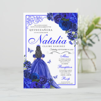 Royal Blue Princess & Butterflies Quinceañera Einladung