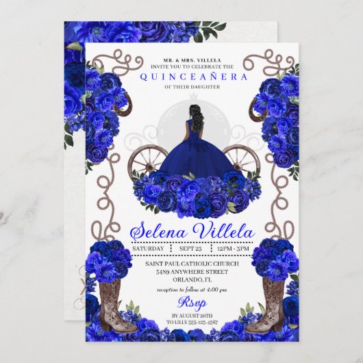 Royal Blue Princess Dress & Boots Quinceanera Einladung (Vorne/Hinten)