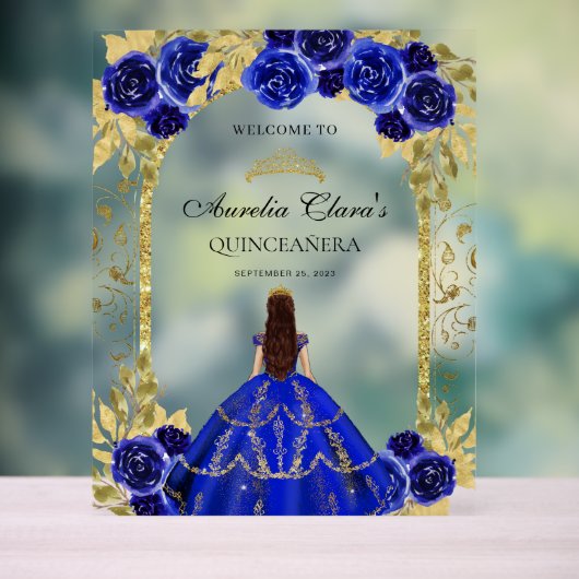 Royal Blue Princess Floral Quinceañera Birthday Acrylschild (Neutral)