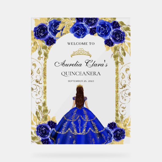 Royal Blue Princess Floral Quinceañera Birthday Acrylschild (Vorderseite)