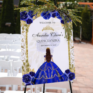 Royal Blue Princess Floral Quinceañera Birthday Poster
