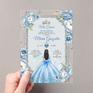 Royal Blue Princess Floral Silver Crown Mis Quince Acryleinladungen