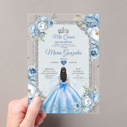 Royal Blue Princess Floral Silver Crown Mis Quince Acryleinladungen (Insitu (Handheld))