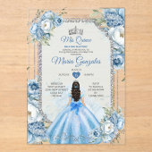 Royal Blue Princess Floral Silver Crown Mis Quince Acryleinladungen (Vorderseite)