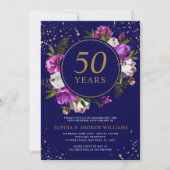 Royal Blue Purple Flowers 50. Hochzeitstag Einladung (Vorderseite)