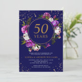 Royal Blue Purple Flowers 50. Hochzeitstag Einladung (Stehend Vorderseite)