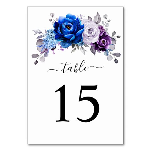 Royal Blue Purple Navy Lilac Blooms Wedding Tischnummer (Vorderseite)