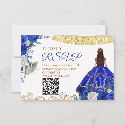 Royal Blue Quinceañera 15 Anos RSVP Card Dankeskarte (Vorderseite)