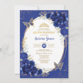 Royal Blue Quinceañera Blume Butterfly Foto Einladung (Vorderseite)