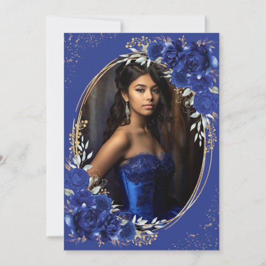 Royal Blue Quinceañera Blume Butterfly Foto Einladung (Rückseite)