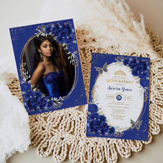 Royal Blue Quinceañera Blume Butterfly Foto Einladung