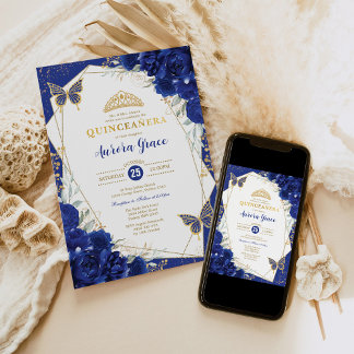 Royal Blue Quinceañera Butterflies Mis Quince Einladung