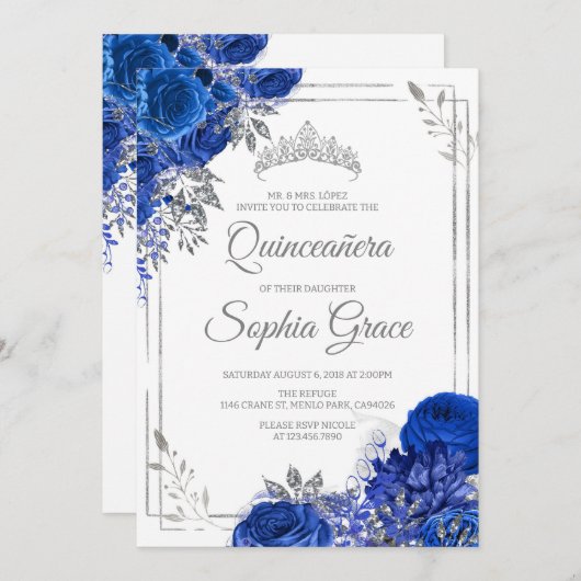 Royal Blue Quinceañera Butterflies Mis Quince Einladung (Vorne/Hinten)