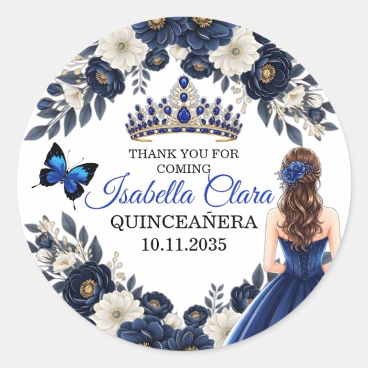 Royal Blue Quinceañera Butterfly Favor Sticker (Vorderseite)