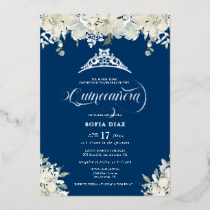 Royal Blue Quinceañera Floral Gold Folieneinladung