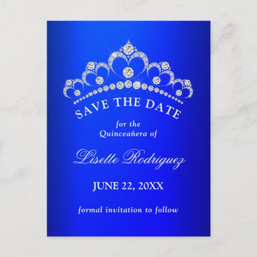 Royal Blue Quinceanera Save the Date Postkarte (Vorderseite)