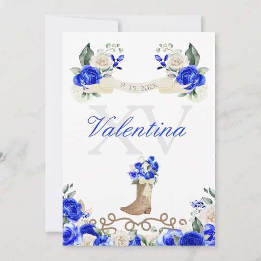 Royal Blue Ranch Horch Rose Charro Quinceañera Einladung (Rückseite)