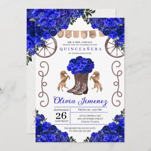 Royal Blue Ranchero Floral Boots Quinceanera Einladung (Vorne/Hinten)