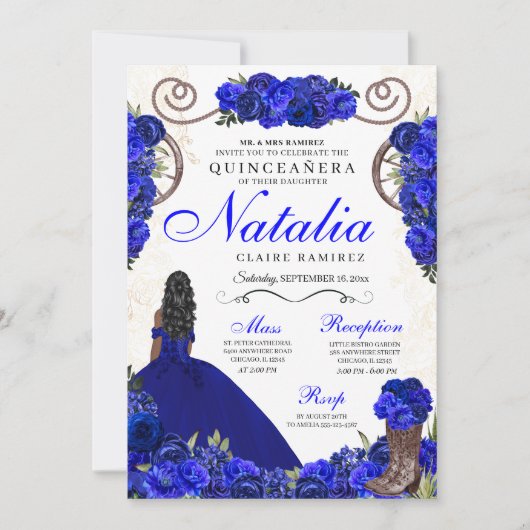 Royal Blue Ranchero Princess Quinceanera Einladung (Vorderseite)