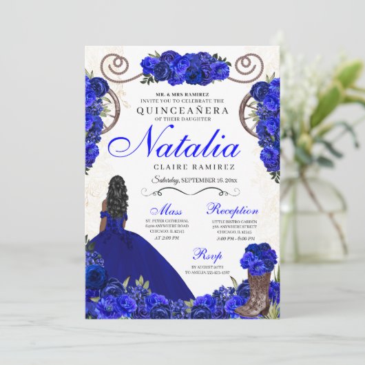Royal Blue Ranchero Princess Quinceanera Einladung (Stehend Vorderseite)