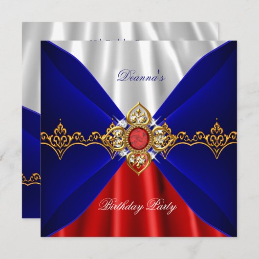 Royal Blue Red White Birthday Gold Jewel Silk Einladung (Vorne/Hinten)