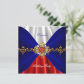 Royal Blue Red White Birthday Gold Jewel Silk Einladung (Stehend Vorderseite)
