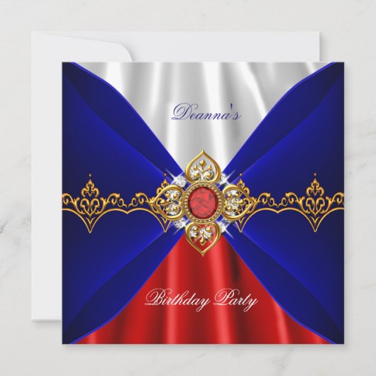 Royal Blue Red White Birthday Gold Jewel Silk Einladung (Vorderseite)