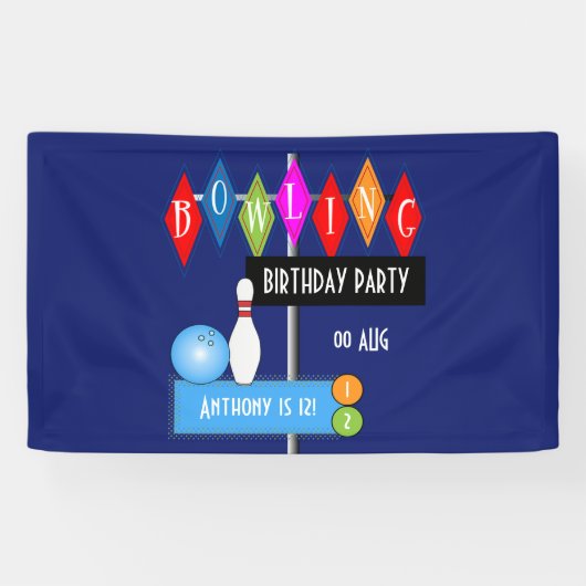 Royal Blue Retro Bowling Birthday Party Banner (Horizontal)