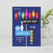 Royal Blue Retro Bowling Birthday Party Einladung (Stehend Vorderseite)