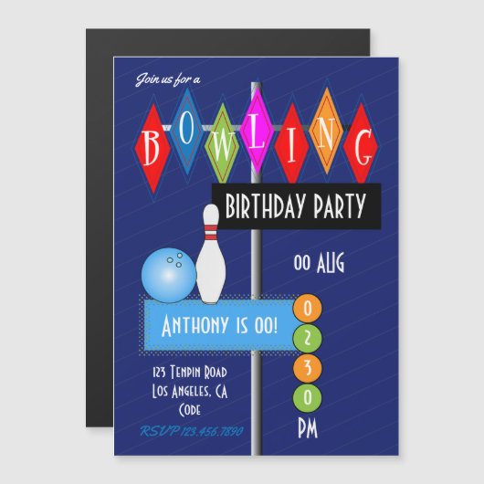 Royal Blue Retro Bowling Birthday Party Magneteinladung (Vorne/Hinten)