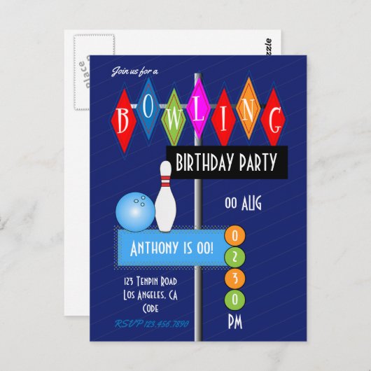 Royal Blue Retro Bowling Birthday Party Postkarte (Vorne/Hinten)