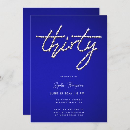 Royal Blue Rhinestones Calligraphy 30. Geburtstag Einladung (Vorne/Hinten)