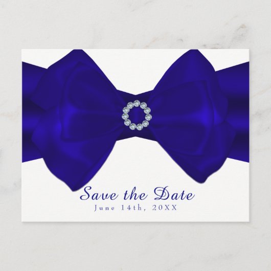 Royal Blue Ribbon & Diamonds Save the Date elegant Ankündigungspostkarte (Vorderseite)