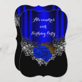 Royal Blue Rose Birthday Party Lace Black Silver Einladung (Vorne/Hinten)
