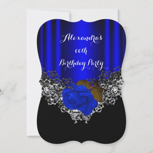 Royal Blue Rose Birthday Party Lace Black Silver Einladung (Vorderseite)