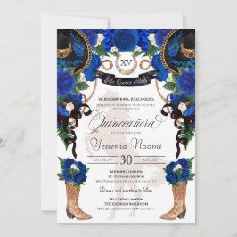 Royal Blue Rose & Black Western Charro Quinceanera Einladung