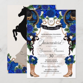 Royal Blue Rose & Black Western Charro Quinceanera Einladung