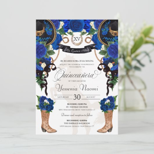 Royal Blue Rose & Black Western Charro Quinceanera Einladung (Stehend Vorderseite)