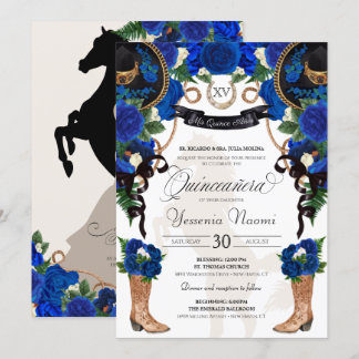 Royal Blue Rose & Black Western Charro Quinceanera Einladung